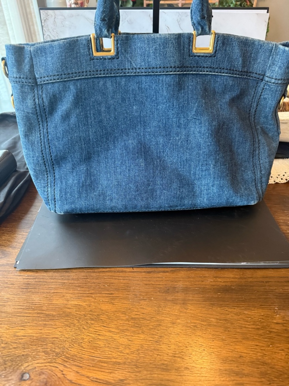 Prada Denim Tote in Dark Blue with Gold Accents - Picture 6 of 11